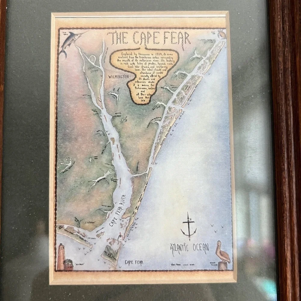 Small Vintage Cape Fear Wilmington Map Table Top Art Map with Wood Frame Decor